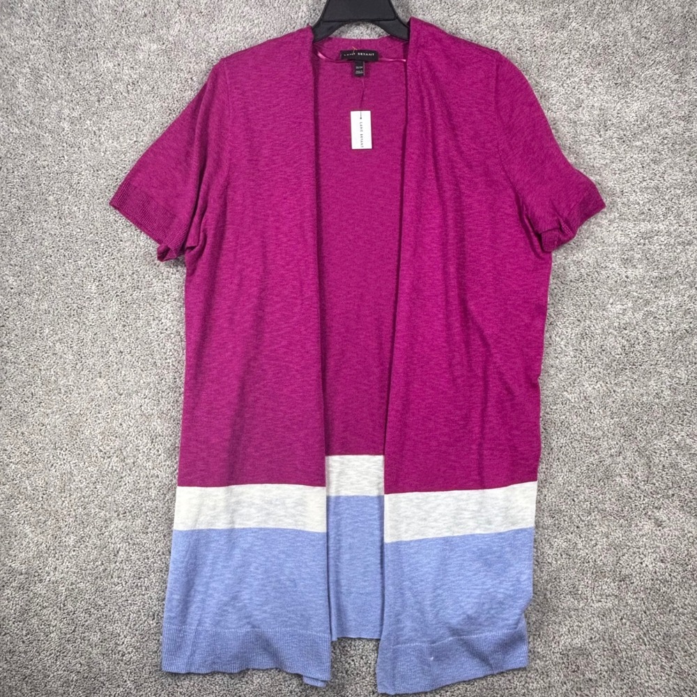 Lane Bryant Womens 22/24 Colorblock Short Sleeve Open Front Cardigan Pink Blue